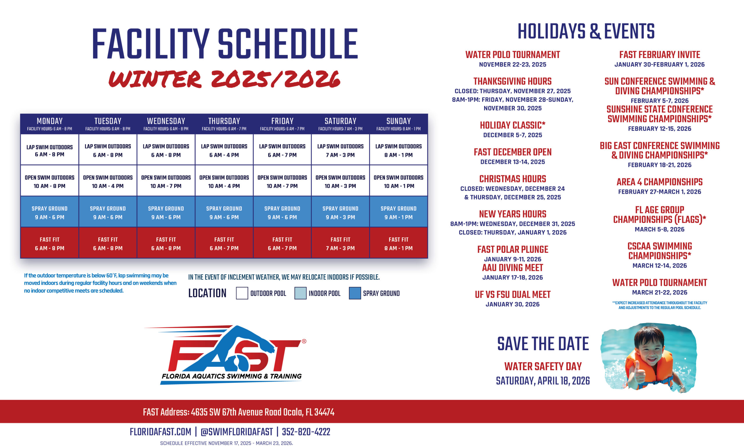 FAST Facilty Schedule and Hours Winter 2025-2026